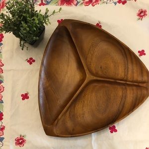 Vtg monkey pod wood divided snack tray plate MCM